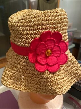 Gymboree 2t-3t Kids Straw Sunhat with Pink Flower Accent
